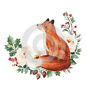 Winter bouquet with leaves,branches,flowers,berries,holly and cute little fox