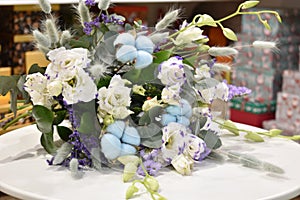 A winter bouquet. New year decoration. Gift flower for Christmas. Table Christmas arrangement.