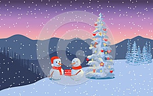 Winter boxing day with snowmen. Evening twilight with snowman family in santa hat, distant mountains, decorated