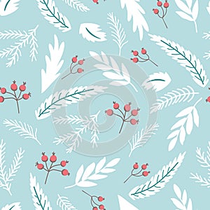Winter branch seamless pattern Forest berry Fir branches Coniferous plant Christmas blue background Vector