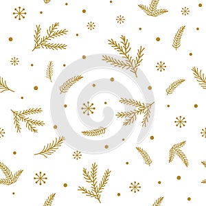 Winter branch seamless pattern Gold snowflakes golden fir branches Forest Christmas background Vector