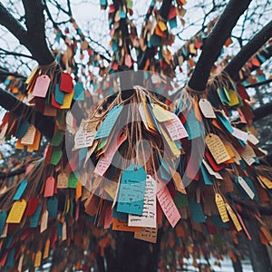 Winter branches with hanging paper tags photo