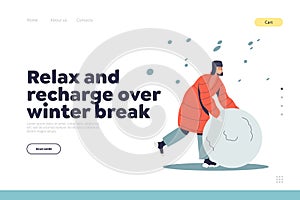 Winter break concept of landing page with boy in warm winter clothes making snowball for snowman