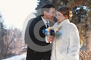 Winter bright wedding bride and groom couple photo