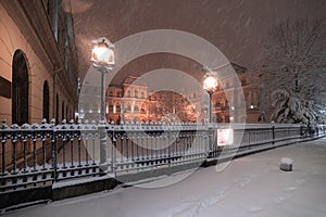 Winter in Bucharest. Night photo taken during a massive snowfall.