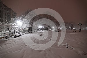 Winter in Bucharest. Night photo taken during a massive snowfall.