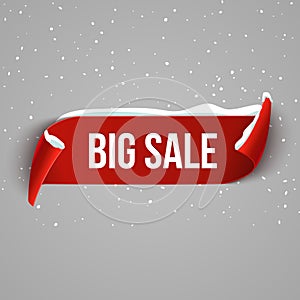 Winter Bug sale background with red realistic ribbon. Winter poster or banner promotional design with snow. Vector discount