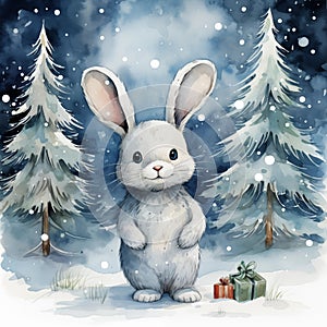 Winter Bunny with Gifts. Christmas card
