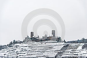 Winter at Burg Thurant Castle at the Mosel vineyards nestled in the hills above the Moselle River Germany Town Alken