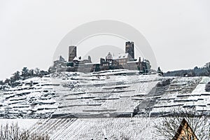 Winter at Burg Thurant Castle at the Mosel vineyards nestled in the hills above the Moselle River Germany Town Alken