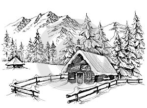 Winter cabin drawing photo