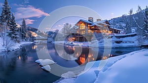 Winter cabin by a snowy lake with warm lights photo