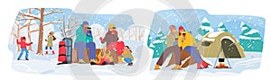In A Winter Camp, Bundled-up Family or Couple Characters Gather Around A Crackling Bonfire, Vector Illustration