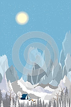 Winter camp. Vector Camping bonfire near tent on snowy nature scenic mountain forest pine tree landscape.Winter picnic recreation