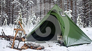 Winter camping in the Boreal Forest. Hot tent. Tepee in the snow. Ecotourism