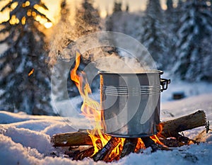 Winter camping with a cooking pot on open fire