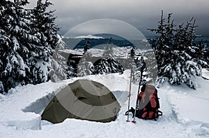 Winter camping in the mountains