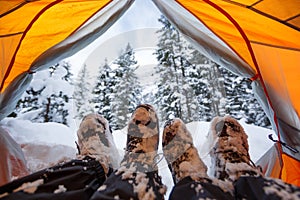 Winter camping on snow