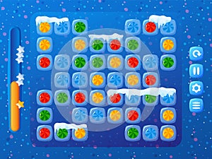 Winter candy game, funny background, colorful labels, square shaped cute cells, design, in cartoon style vector