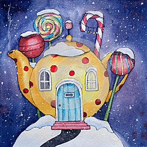 Winter Candy Land Watercolor Illustration