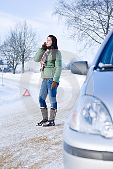 Winter car breakdown - woman call for help