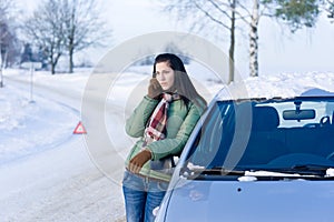 Winter car breakdown - woman call for help