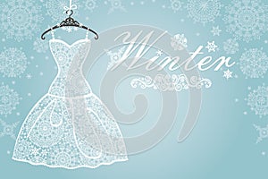 Winter card.Bridal dress with snowflake lace .Vertical