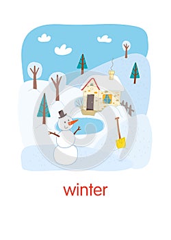 Winter card design. Winter landscape. Cartoon vector hand drawn eps 10 illustration.