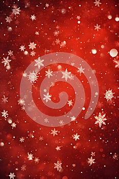 Winter card with falling snow, crystallic white snowflake on red background. Magical heavy snowflakes backdrop