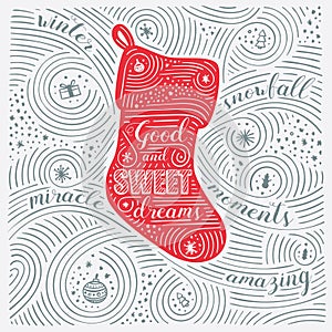 Winter Card. The Lettering - Good And Sweet Dreams. New Year / Christmas Design. Handwritten Swirl Pattern.