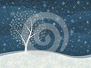 Winter card of snowfall with snowy tree.