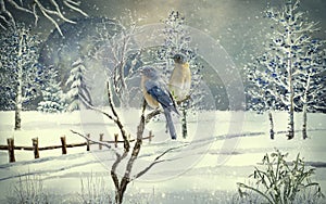 The Winter Card, Two Bird On Frozen Tree,, Full moon, Snow, Winer illustration, Wallpaper, Winter Background photo