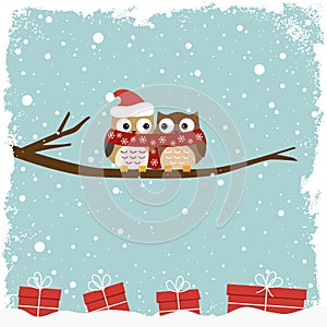 Winter card with two owls