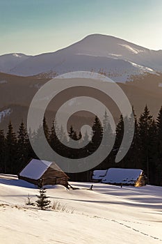 Winter Carpathian Mountains, Chornohora region, Ukraine. Wooden shepherds cradle on the meadows in the Carpathians in winter. Wint