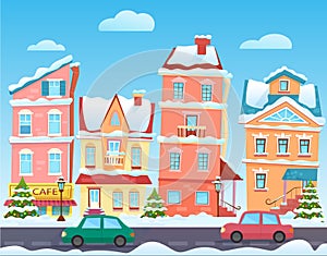 Winter cartoon city landscape. Vector Christmas background with funny houses. Snowy town at holiday eve.