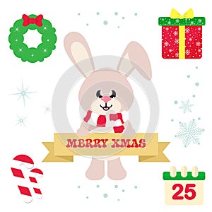 Winter cartoon cute bunny with scarf with christmas sign and christmas elements