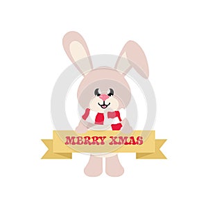 Winter cartoon cute bunny with scarf and hat and christmas sign