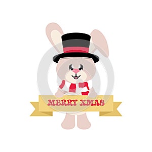 Winter cartoon cute bunny with scarf and hat and christmas sign