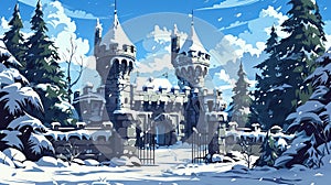 In a winter cartoon fairytale landscape, a royal castle stands in a forest covered in snow. Snowy trees surround the