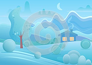 Winter cartoon house with smoke from chimney in fantasy mountains landscape vector illustration.