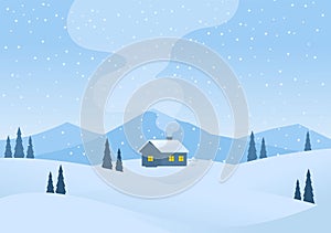 Winter cartoon mountains landscape with house and smoke from chimney vector illustration