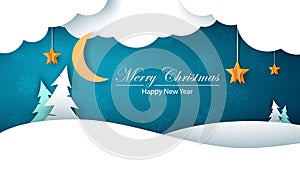 Winter cartoon paper landscape. Fir, moon, cloud, star, snow. Merry christmass. Happy new year. photo