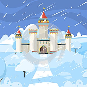 Winter castle. Fairytale frozen building kingdom medieval snow magic landscape vector background