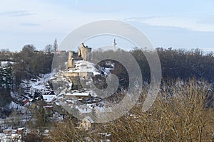 Winter castle ruin and sub-castle view from Radouc at Mlada Boleslav