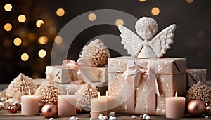 Winter celebration gift of light, glowing candle illuminates Christmas decoration generated by AI