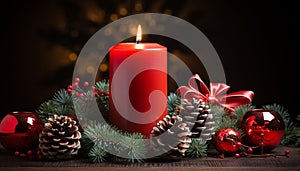 Winter celebration glowing candle illuminates decorated Christmas tree generated by AI