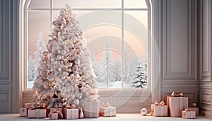 Winter celebration indoors Christmas tree, snow, decoration, gift, window generated by AI