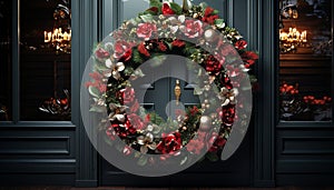 Winter celebration indoors wreath, decoration, door, wood, candle, poinsettia, tree, window, gift generated by AI