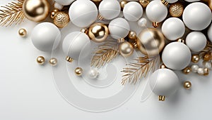 Winter celebration with shiny gold Christmas ornaments on a snowy backdrop generated by AI