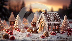 Winter celebration snow, cookie, decoration, gingerbread house, Christmas lights, homemade generated by AI